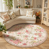 Covaba romantic vintage floral rose garden and round rug in blush clay, styled in a room setting