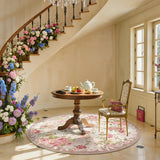 Covaba romantic vintage floral rose garden and round rug in blush clay, styled in a room setting, view 2