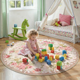 Covaba romantic vintage floral rose garden and round rug in blush clay, styled in a room setting, view 7