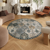 Covaba ultra-thin vintage floral moroccan trellis round rug in pearl grey, styled in a room setting, view 2