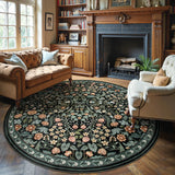 Covaba maximalism vibrant blossom floral round rug in ink black, styled in a room setting