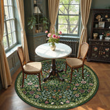 Covaba maximalism vibrant blossom floral round rug in forest fern, styled in a room setting
