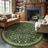 Covaba maximalism vibrant blossom floral round rug in forest fern, styled in a room setting, view 2