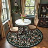 Covaba maximalism vibrant blossom floral round rug in ink black, styled in a room setting, view 2