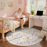 Covaba boho modern parisian garden floral round rug in blush clay, styled in a room setting, view 3