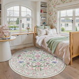 Covaba boho modern parisian garden floral round rug in muted plum, styled in a room setting