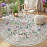 Covaba boho modern parisian garden floral round rug in muted plum, styled in a room setting, view 2
