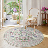 Covaba boho modern parisian garden floral round rug in muted plum, styled in a room setting, view 3