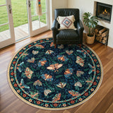 Covaba vintage botanical insect round rug in stormy blue, styled in a room setting