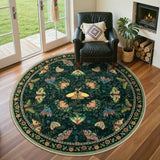 Covaba vintage botanical insect round rug in fern green, styled in a room setting