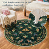 Covaba vintage botanical insect round rug in fern green, styled in a room setting, view 2