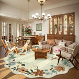 Covaba boho modern parisian floral scalloped round rug in warm beige, styled in a room setting, view 4