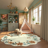 Covaba boho modern parisian floral scalloped round rug in warm beige, styled in a room setting, view 7
