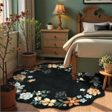 Covaba boho modern parisian floral scalloped round rug in ink black, styled in a room setting, view 6
