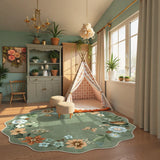 Covaba boho modern parisian floral scalloped round rug in fern green, styled in a room setting, view 7