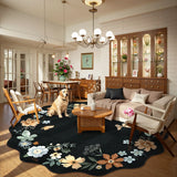 Covaba boho modern parisian floral scalloped round rug in ink black, styled in a room setting, view 7