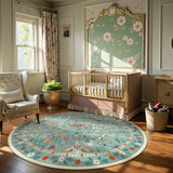 Covaba modern parisian insect round rug in sage mist, styled in a room setting, view 2