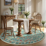 Covaba modern parisian insect round rug in sage mist, styled in a room setting