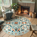 Covaba boho birdsong floral garden round rug in warm beige, styled in a room setting