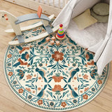 Covaba boho birdsong floral garden round rug in warm beige, styled in a room setting, view 2