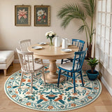 Covaba boho birdsong floral garden round rug in warm beige, styled in a room setting, view 3