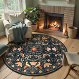 Covaba boho birdsong floral garden round rug in ink black, styled in a room setting, view 2