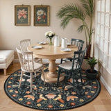 Covaba boho birdsong floral garden round rug in ink black, styled in a room setting