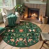 Covaba boho birdsong floral garden round rug in fern green, styled in a room setting