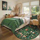 Covaba boho birdsong floral garden round rug in fern green, styled in a room setting, view 3