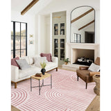 Covaba abstract rainbow stripe pink/white area rug in blush clay, shown flat on a plain ivory backdrop, view 5