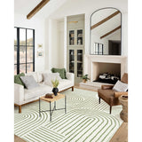 Covaba abstract rainbow stripe green/white area rug in fern green, shown flat on a plain ivory backdrop, view 6