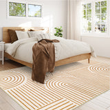 Covaba abstract rainbow stripe orange/white area rug in amber clay, styled in a room setting, view 3
