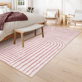 Covaba abstract rainbow stripe pink/white area rug in blush clay, styled in a room setting, view 10
