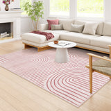 Covaba abstract rainbow stripe pink/white area rug in blush clay, styled in a room setting, view 2