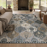 Covaba ultra-thin vintage floral moroccan trellis area rug in pearl grey, styled in a room setting, view 13