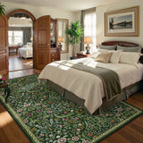 Covaba maximalism vibrant blossom floral area rug in forest fern, styled in a room setting, view 6