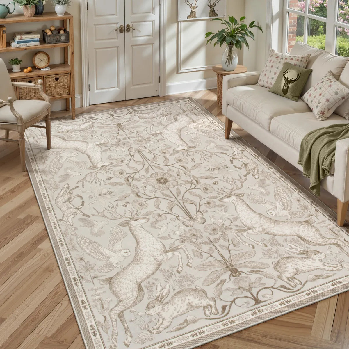 Covaba vintage woodland area rug in warm beige, styled in a room setting
