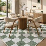 Covaba modern checkerboard area rug in olive grove, styled in a room setting, view 11
