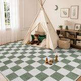 Covaba modern checkerboard area rug in olive grove, styled in a room setting, view 8
