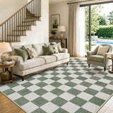 Covaba modern checkerboard area rug in olive grove, styled in a room setting, view 9