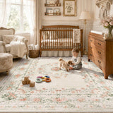 Covaba vintage traditional floral area rug in warm beige, styled in a room setting, view 14