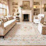 Covaba vintage traditional floral area rug in warm beige, styled in a room setting, view 16