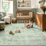 Covaba vintage traditional floral area rug in fern green, styled in a room setting, view 15