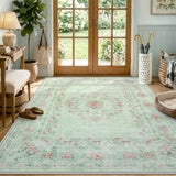 Covaba vintage traditional floral area rug in fern green, styled in a room setting, view 18
