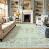 Covaba vintage traditional floral area rug in fern green, styled in a room setting, view 16