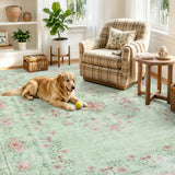 Covaba vintage traditional floral area rug in fern green, styled in a room setting, view 19