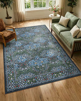 Covaba maximalism vintage french floral area rug in stormy blue, styled in a room setting, view 4