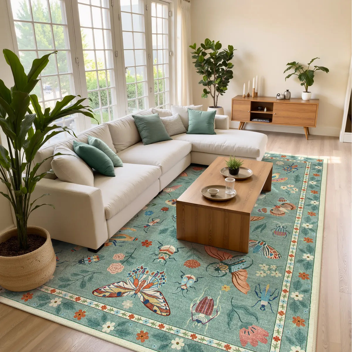 Covaba modern parisian insect area rug in sage mist, styled in a room setting