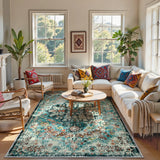 Covaba bohemian floral medallion area rug in teal haze, styled in a room setting, view 12