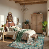 Covaba bohemian floral medallion area rug in teal haze, styled in a room setting, view 13